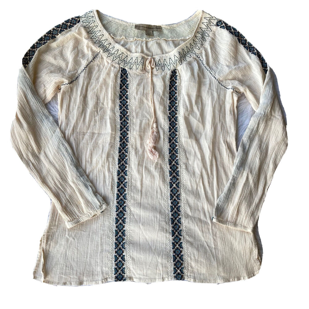Nine West Vintage America Jeans Top Sz XL White Aztec Tassel Boho Peasant Blouse